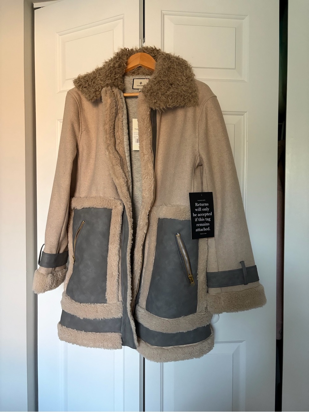 Tuckernuck Taupe and Gray Faux-Shearling Trim Coat